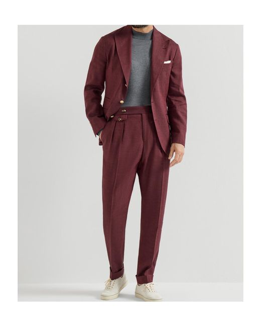 Brunello Cucinelli Red Linen And Virgin Wool Chevron Trousers With Double Pleats And Waist Tabs for men