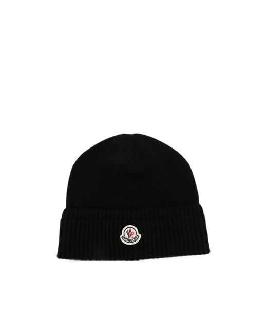 Moncler Black Logo-Patch Ribbed-Knit Beanie Hat for men