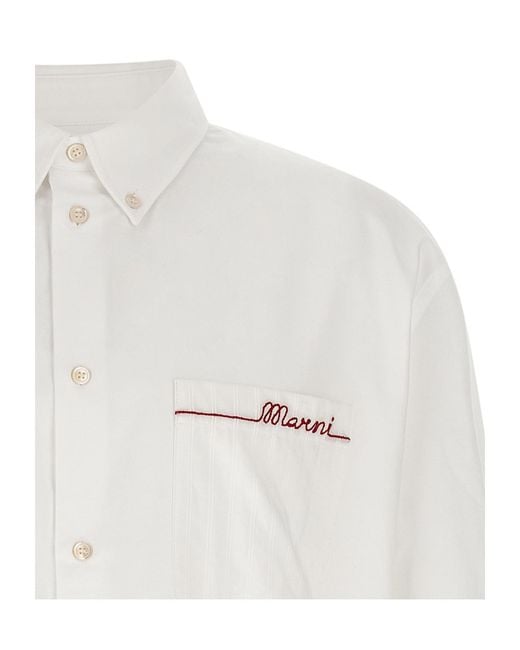 Marni White Logo Embroidered Buttoned Shirt for men