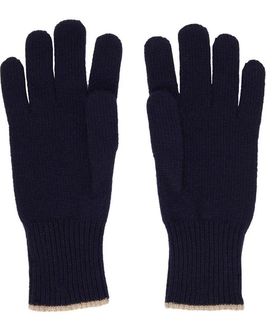 Brunello Cucinelli Blue Contrasted-Trim Knitted Gloves for men