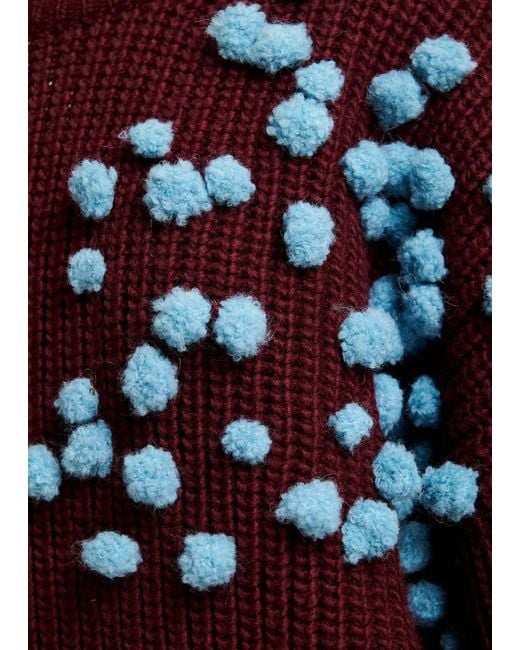 Essentiel Antwerp Red Pompom-Embellished Chunky-Knit Sweater