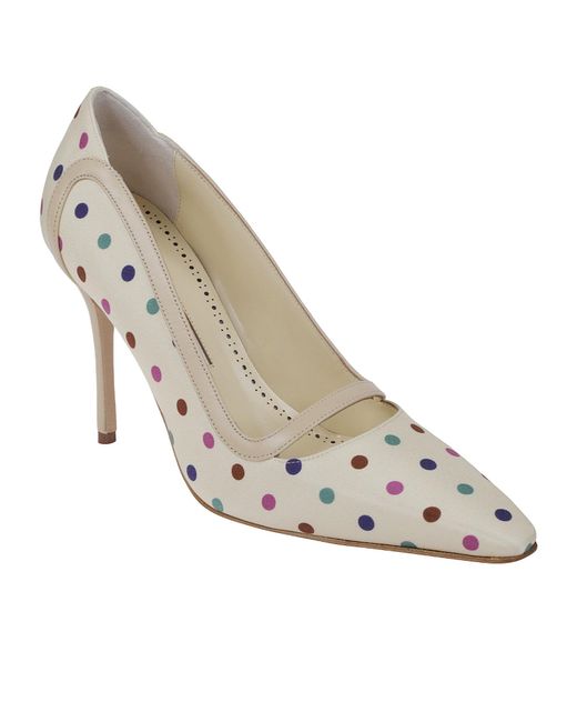 Manolo Blahnik White Labama Polka-Dot Silk Pumps