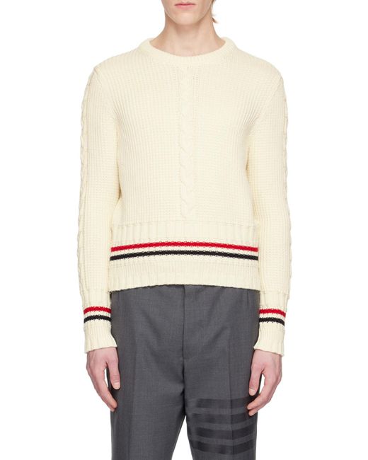 Thom Browne White Rwb-Stripe Cable Knit Jumper for men