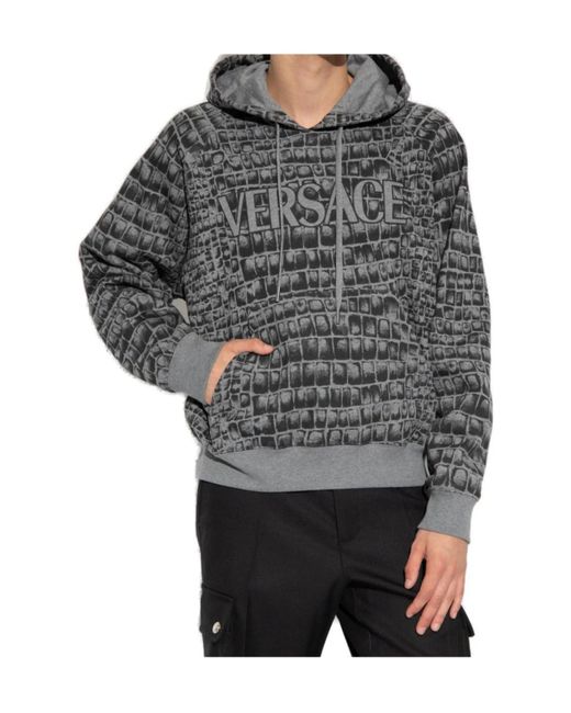 Versace Gray Logo-Printed Drawstring Hoodie for men