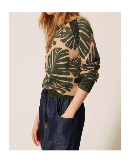 Twinset Green Leaf-Print Sweater