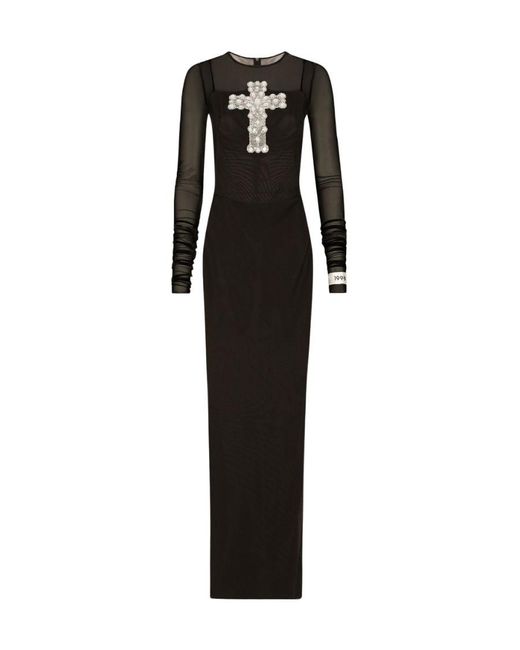 Dolce & Gabbana Black Cross-Embellished Tulle Long Dress