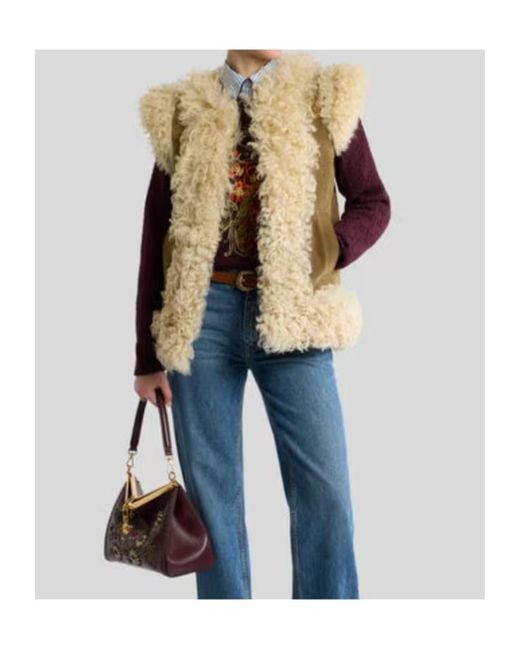 Etro Natural Shearling Waistcoat With Peacock Embroidery