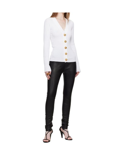 Balmain White Button-Down V-Neck Knit Sweater