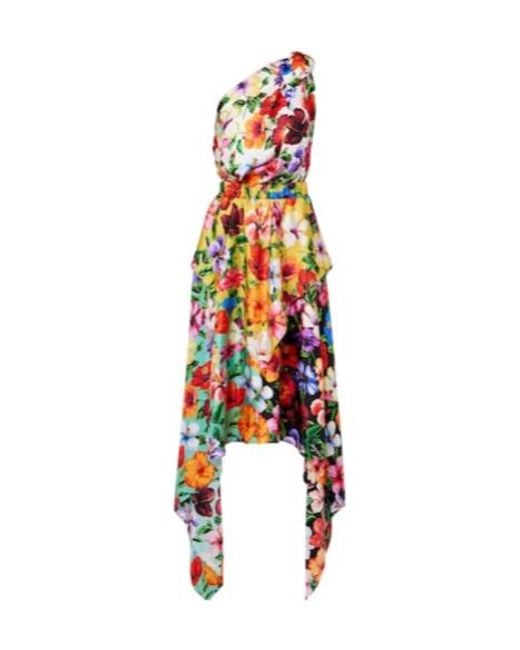 Dolce & Gabbana White Floral One-Shoulder Silk Midi Dress