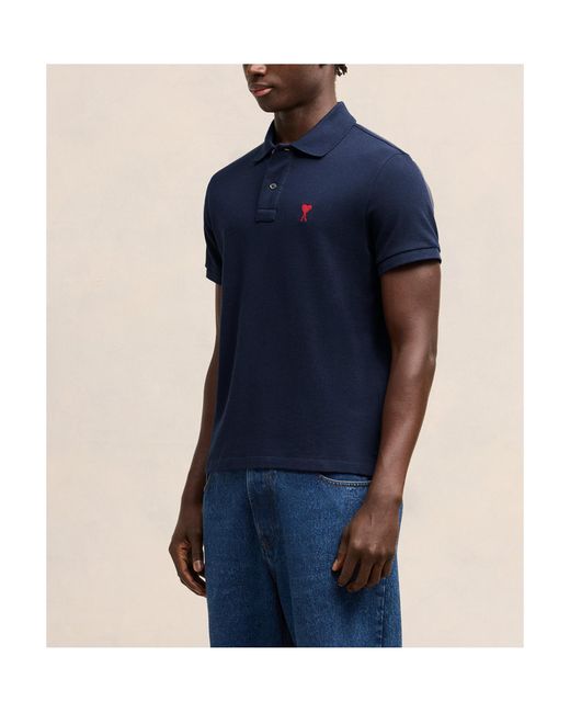 AMI Blue Logo Embroidered Short Sleeved Polo Shirt for men