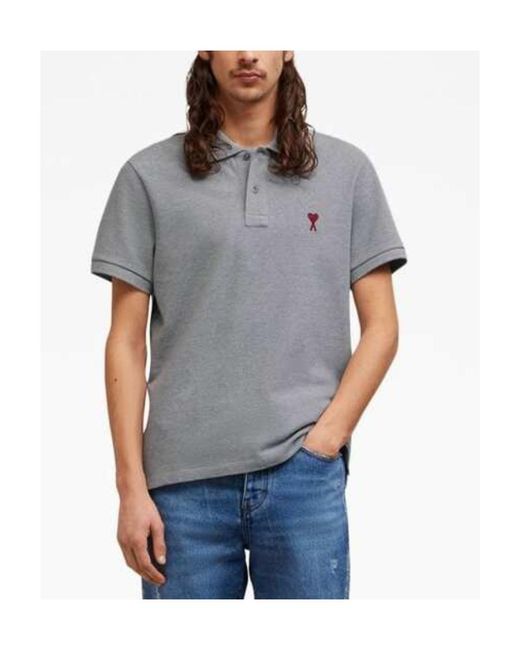 AMI Gray Logo Embroidered Short Sleeved Polo Shirt for men