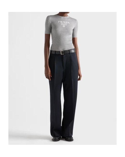 Prada Gray Silk Crew-Neck Sweater With Logo