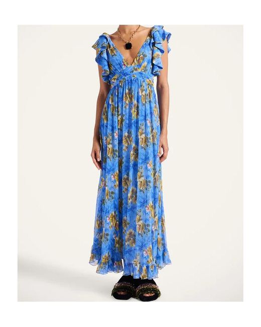 LaDoubleJ Blue Ruffled-Details Floral-Print Maxi Dress