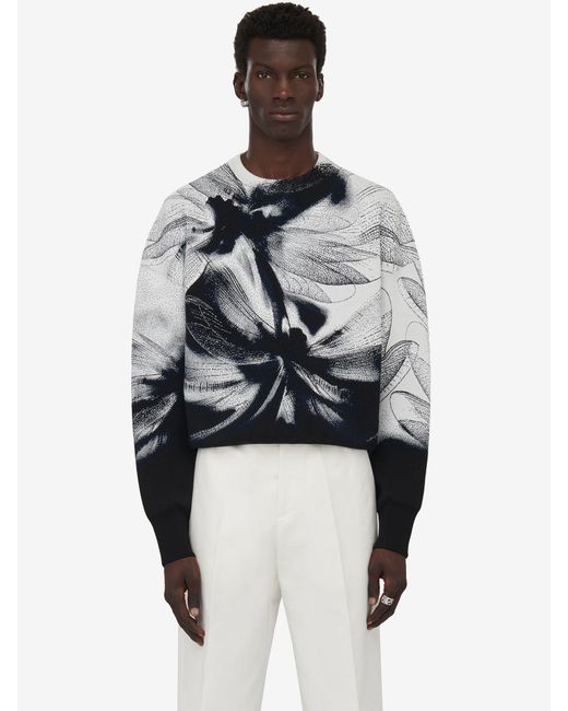 McQueen Gray Graphic Printed Crewneck Sweater for men