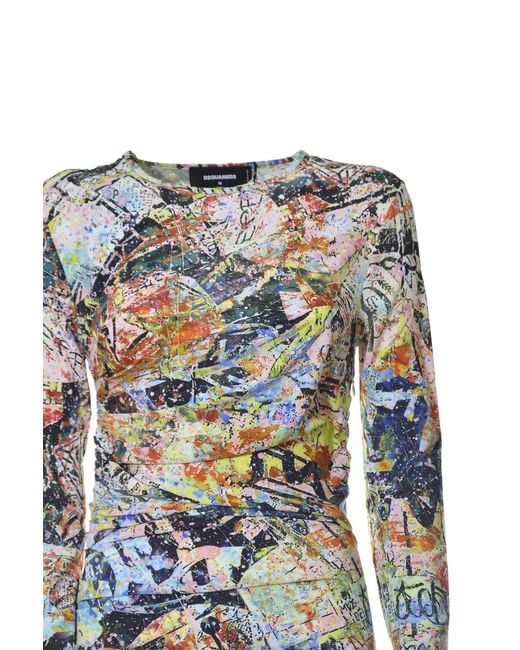 DSquared² Gray Abstract-Print Long-Sleeve Dress