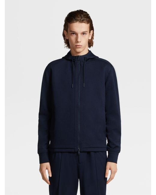 Zegna Blue Zip-Up Drawstring Hoodie for men