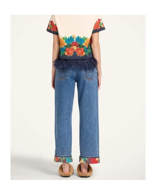 LaDoubleJ Blue Floral Cuff Embroidered Jeans