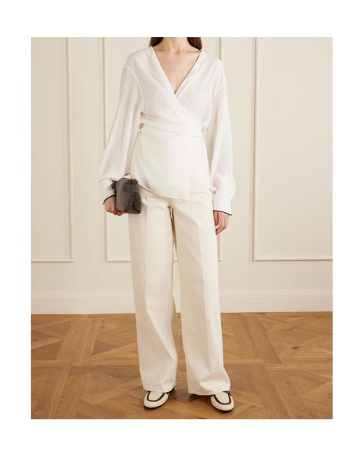 Brunello Cucinelli White Wrap Silk Blouse