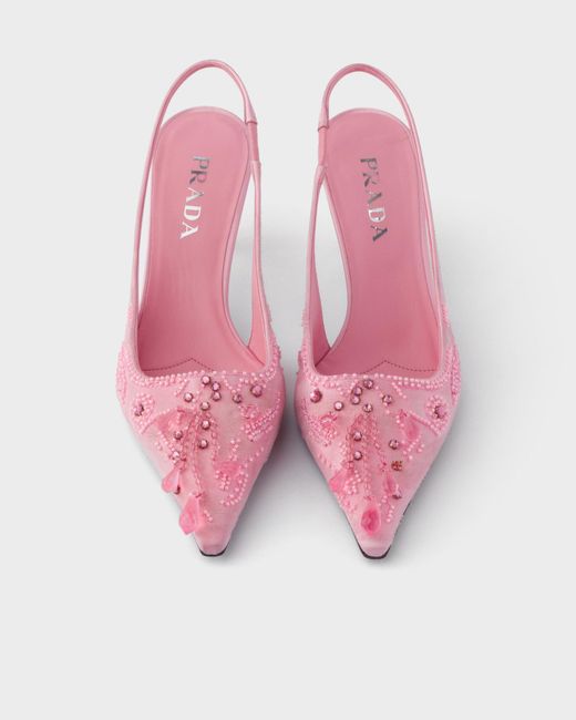 Prada Pink Embroidered Satin Slingback Pumps