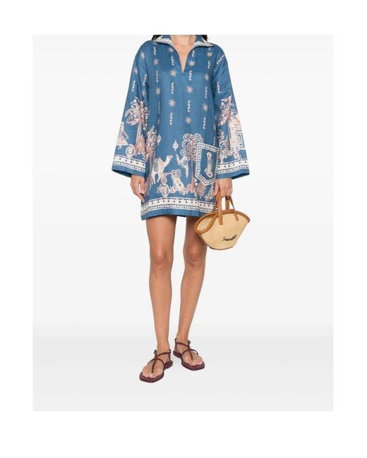 ALÉMAIS Blue Acacia Collared Graphic-Print Mini Dress