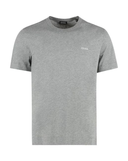 Zegna Gray Logo Embroidered Crewneck T-Shirt for men