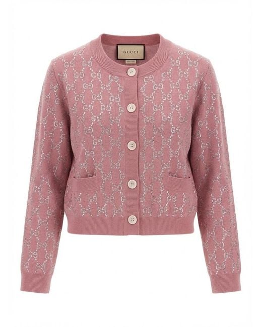 Gucci Red Gg Crystal-Embellished Wool Cardigan