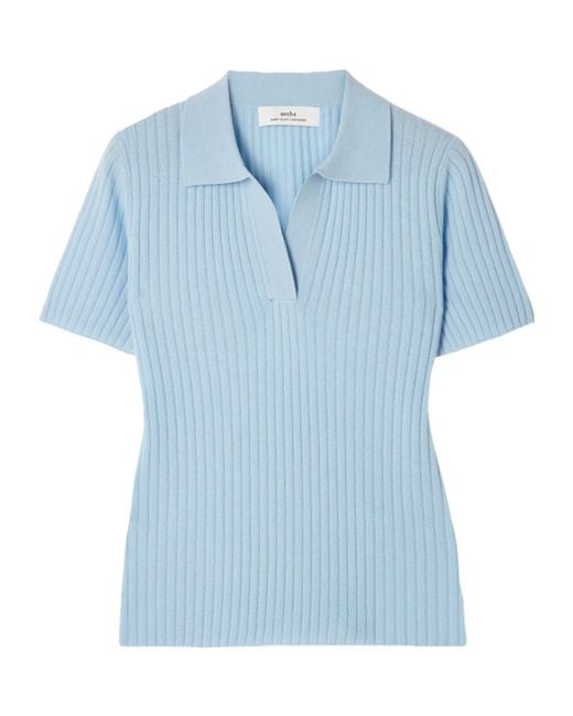 arch4 Blue Jennifer Ribbed Organic Cashmere Polo Shirt