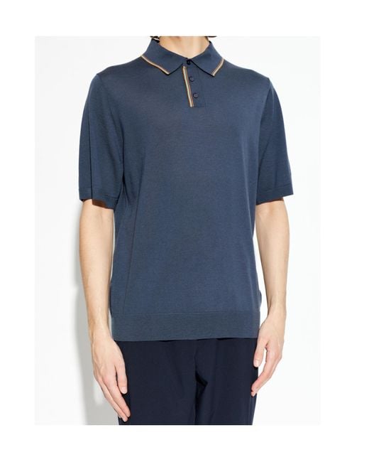 Paul Smith Blue Stripe Detailed Knitted Polo Shirt for men