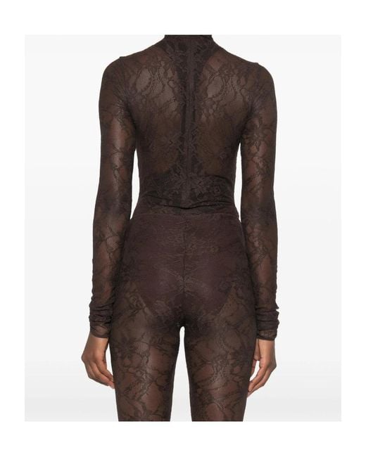ANDAMANE Brown Ziggy Lace-Pattern High-Neck Bodysuit