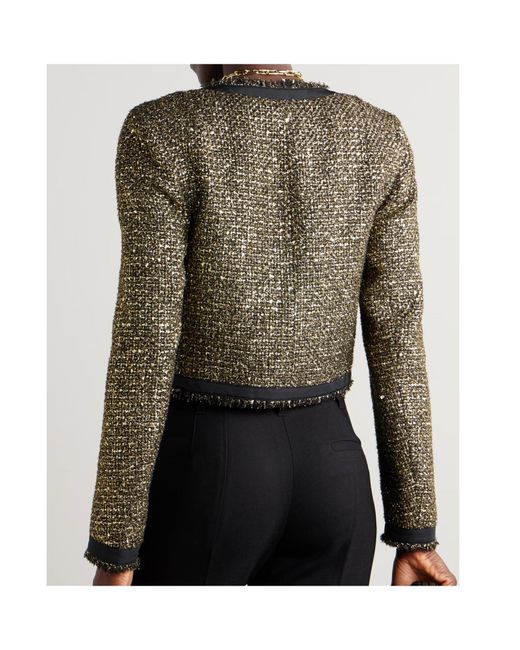 Ulla Johnson Green Anisa Double-Breasted Grosgrain-Trimmed Metallic Tweed Jacket