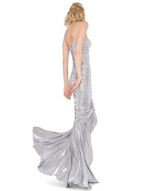 Norma Kamali White Slinky Ruched Fishtail Gown