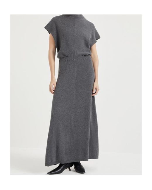 Brunello Cucinelli Gray Mock Neck Knitted Dress