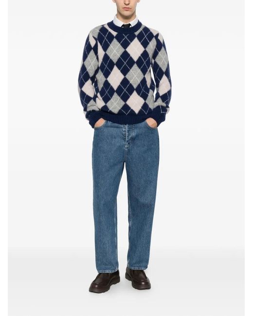 Eleventy Blue Long-Sleeve Argyle-Knit Sweater for men