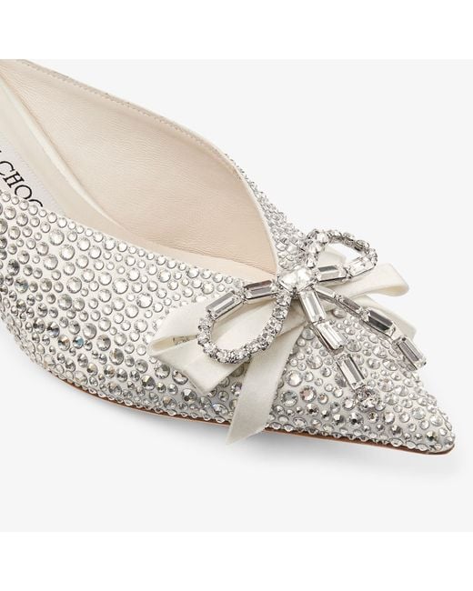 Jimmy Choo White Ivory Satin And Princess Crystal Hotfix Mules With Bow Embellishment