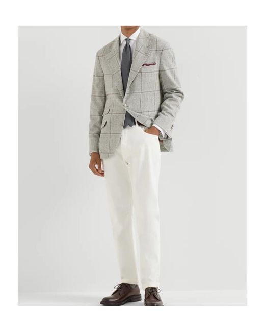 Brunello Cucinelli Gray Silk, Wool And Cashmere Prince-Of-Wales Flannel Deconstructed Cavallo Blazer With Metal Buttons for men