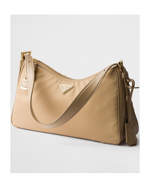 Prada Natural Aimee Large Re-Nylon And Leather Shoulder Bag With Padlock