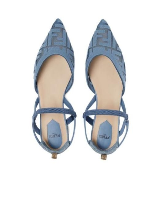 Fendi Blue Ff-Motif Slingback Pumps Flats