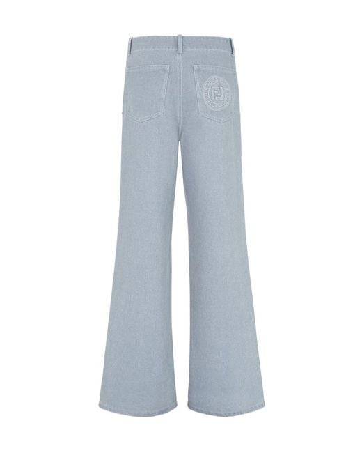 Fendi Blue Logo Embossed Wide-Leg Jeans
