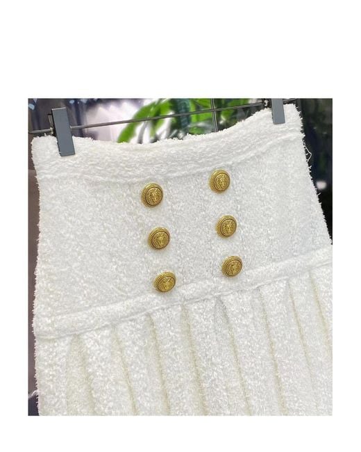 Balmain White Buttoned Pleated Mini Skirt