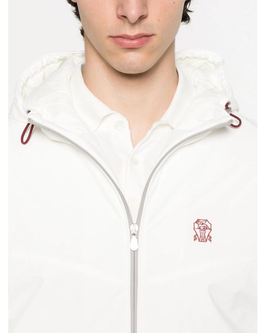 Brunello Cucinelli White Hooded Zip-Fastening Jacket for men