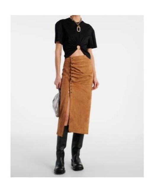 Rabanne Brown Ruched Suede Midi Skirt