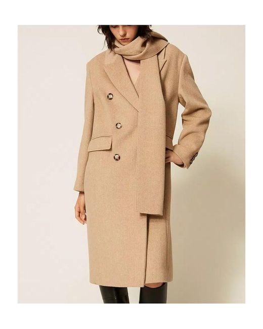 Twinset Natural Velvet-Finish Wool Coat
