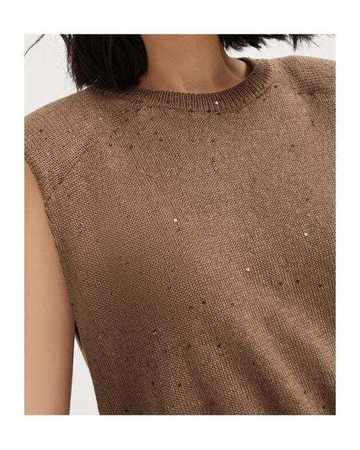 Brunello Cucinelli Brown Sequin-Embellished Knitted Top