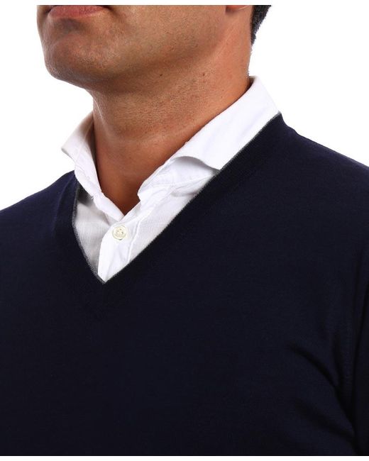 Brunello Cucinelli Blue V V-Neck Knitted Jumper for men