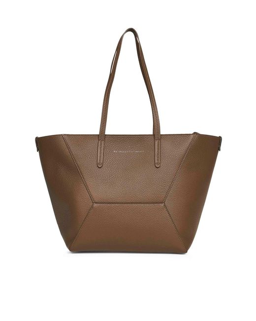 Brunello Cucinelli Brown Logo Embossed Top Handle Bag