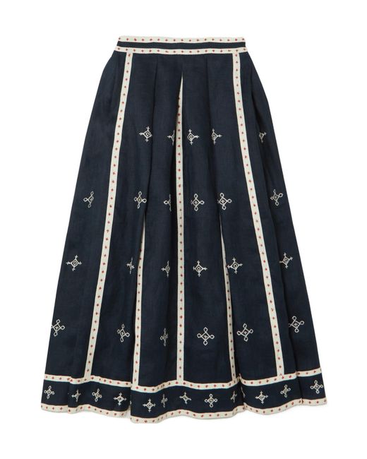 Vita Kin Blue Gera Embroidered Linen Midi Skirt