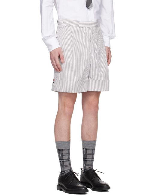 Thom Browne White Striped Seersucker Cuff Shorts for men