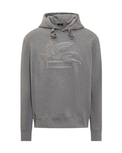 Etro Gray Logo Printed Drawstring Hoodie for men