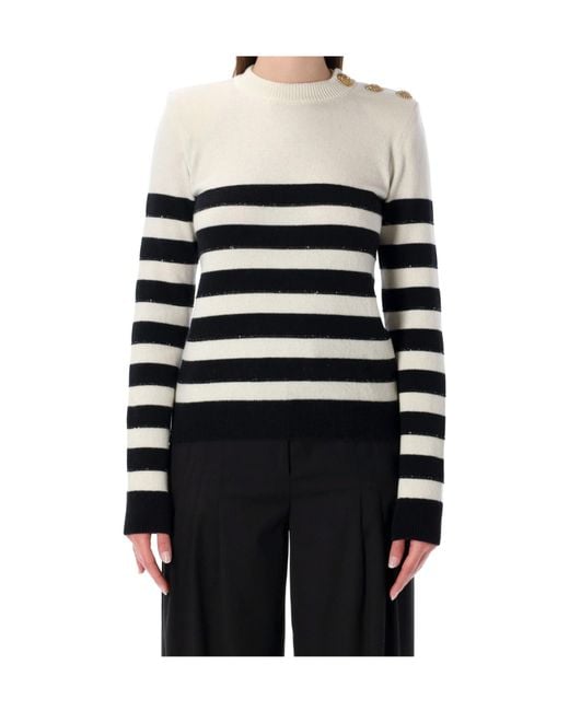 Balmain White Striped Buttoned Knit Jumper