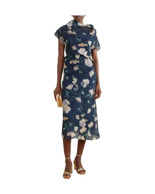 Erdem Blue Floral Sheer Wrap Midi Dress